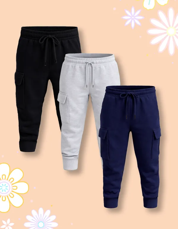 Nusyl_Girls'S_Black_&_Navy_&_Gray_Solid_Cotton_Blend_Straight_Fit_Cargo_Trackpants_Pack_Of_3_With_Side_&_Cargo_Pockets_Girls'S_Full_Length_Regular_Fit_Cargo_Trackpants