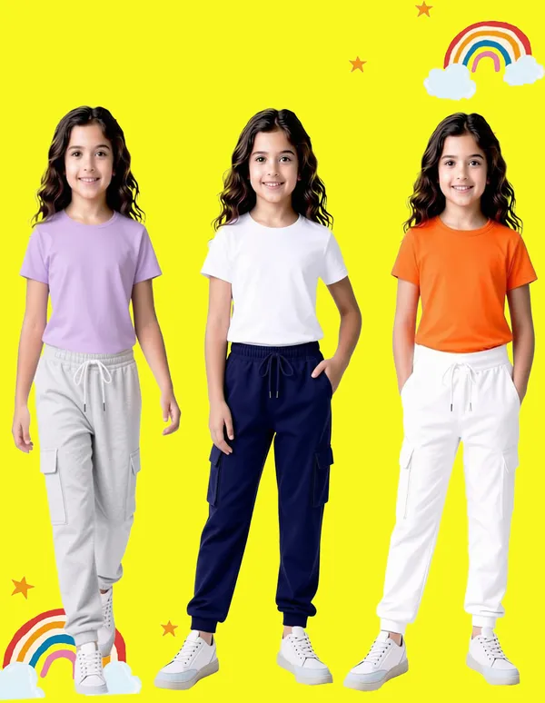 Nusyl_Girls'S_White_&_Navy_&_Gray_Solid_Cotton_Blend_Straight_Fit_Cargo_Trackpants_Pack_Of_3_With_Side_&_Cargo_Pockets_Girls'S_Full_Length_Regular_Fit_Cargo_Trackpants