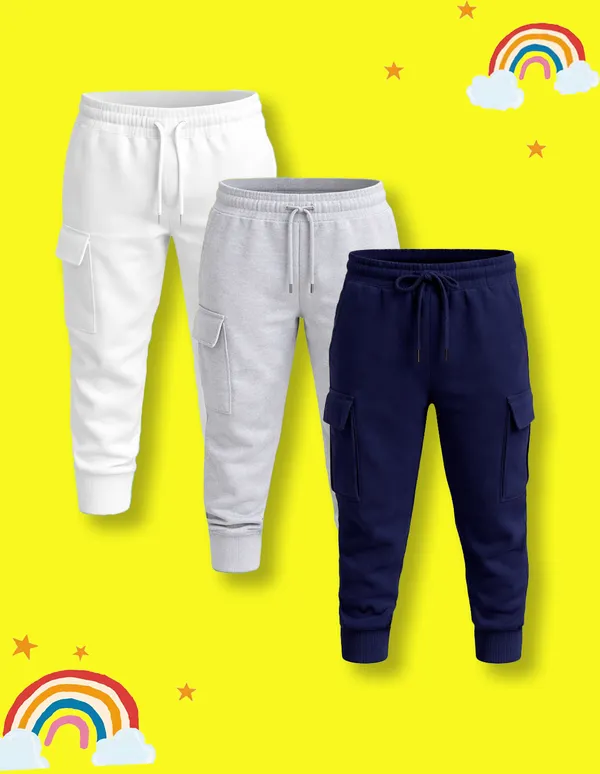 Nusyl_Girls'S_White_&_Navy_&_Gray_Solid_Cotton_Blend_Straight_Fit_Cargo_Trackpants_Pack_Of_3_With_Side_&_Cargo_Pockets_Girls'S_Full_Length_Regular_Fit_Cargo_Trackpants