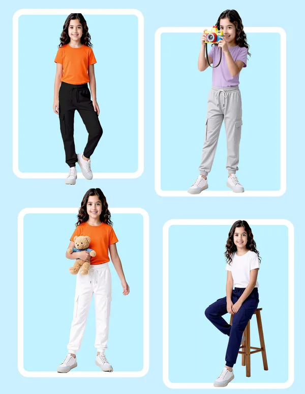 Nusyl_Girls'S_White_&_Black_&_Navy_&_Gray_Solid_Cotton_Blend_Straight_Fit_Cargo_Trackpants_Pack_Of_4_With_Side_&_Cargo_Pockets_Girls'S_Full_Length_Regular_Fit_Cargo_Trackpants