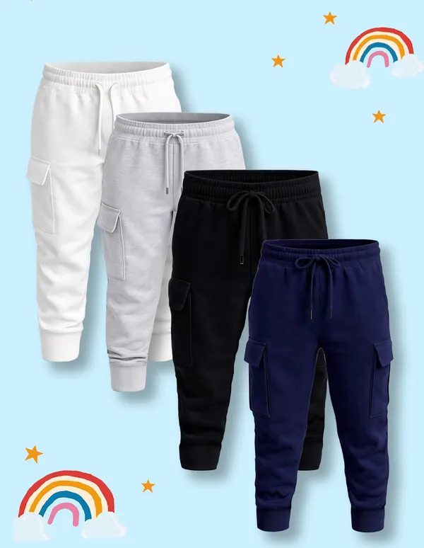Nusyl_Girls'S_White_&_Black_&_Navy_&_Gray_Solid_Cotton_Blend_Straight_Fit_Cargo_Trackpants_Pack_Of_4_With_Side_&_Cargo_Pockets_Girls'S_Full_Length_Regular_Fit_Cargo_Trackpants