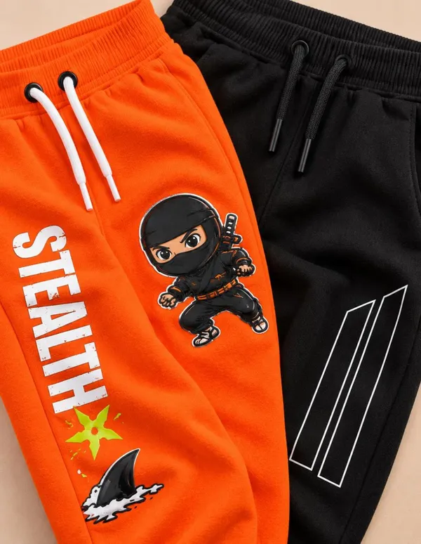 Nusyl_Boys_Pack_of_2_Orange_&_Black_Stealth_Text_Printed_&_Strips_Printed_Trackpants