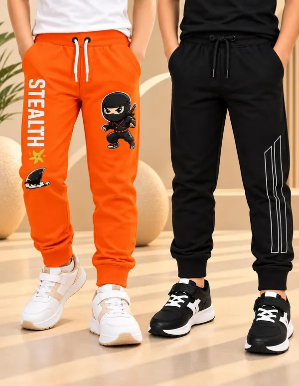Nusyl_Boys_Pack_of_2_Orange_&_Black_Stealth_Text_Printed_&_Strips_Printed_Trackpants