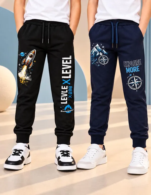 Nusyl_Boys_Pack_of_2_Black_&_Navy_Rocket_Printed_&_Explore_More_Text_Printed_Trackpants