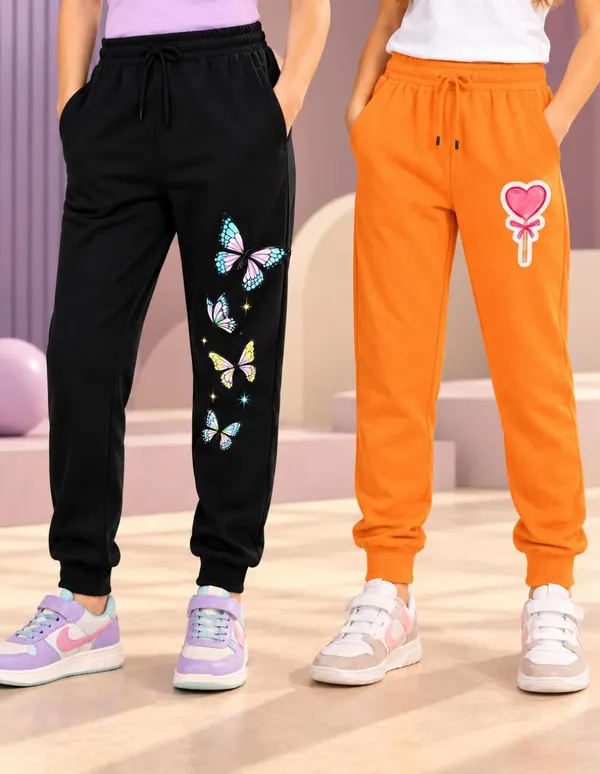 Nusyl_Girls_Pack_of_2_Black_&_Orange_Butterfly_Printed_&_Heart_Printed_Trackpants