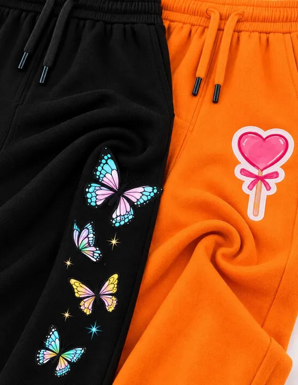 Nusyl_Girls_Pack_of_2_Black_&_Orange_Butterfly_Printed_&_Heart_Printed_Trackpants