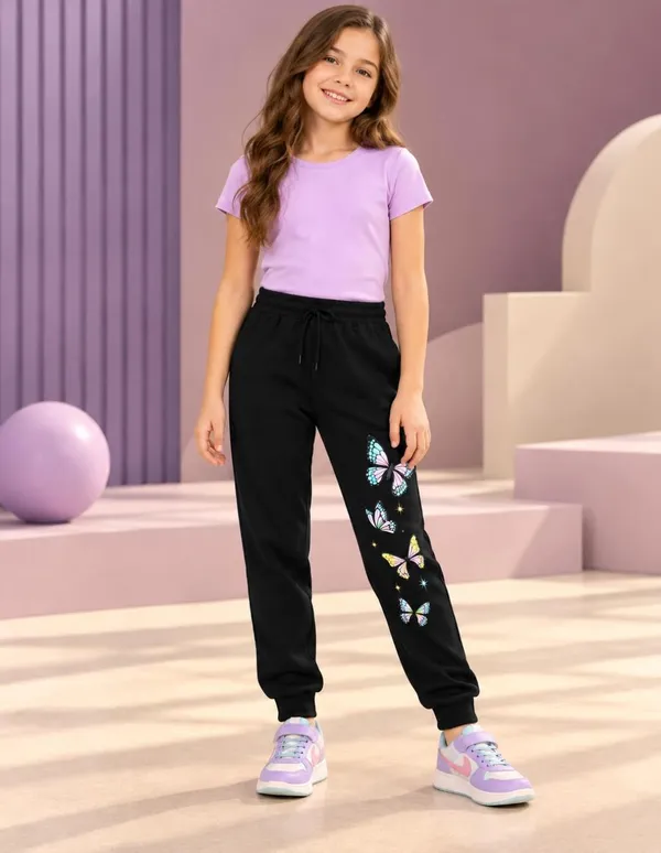 Nusyl_Girls_Pack_of_2_Black_&_Orange_Butterfly_Printed_&_Heart_Printed_Trackpants