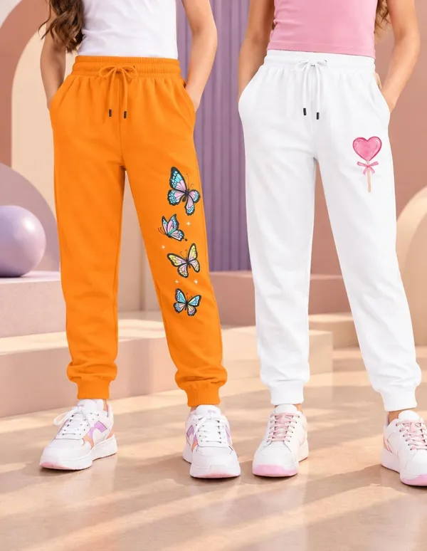 Nusyl_Girls_Pack_of_2_Orange_&_White_Butterfly_Printed_&_Heart_Printed_Trackpants