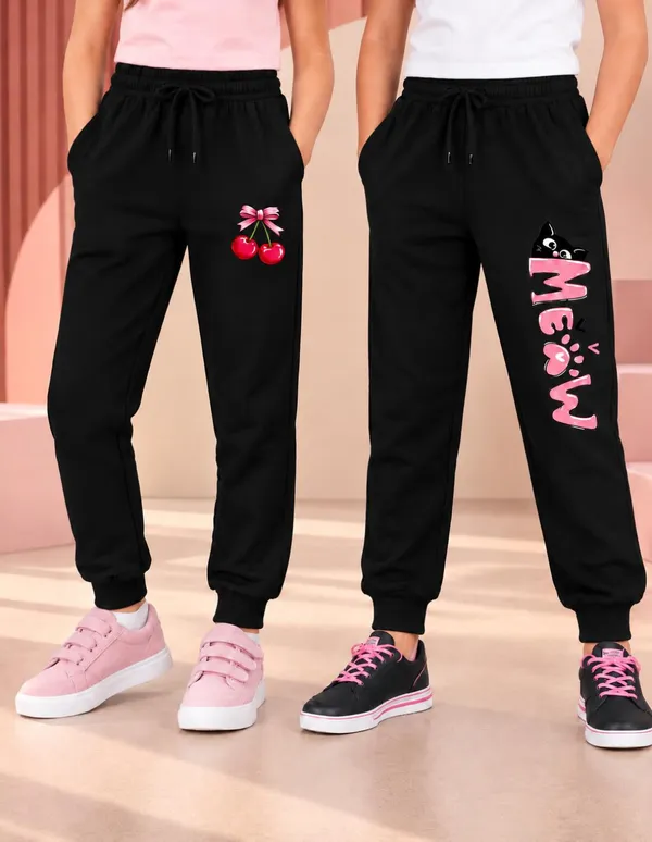 Nusyl_Girls_Pack_of_2_Black_&_Black_Cherry_Printed_&_Meow_Printed_Trackpants
