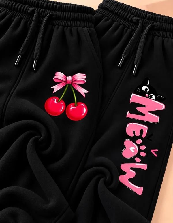 Nusyl_Girls_Pack_of_2_Black_&_Black_Cherry_Printed_&_Meow_Printed_Trackpants