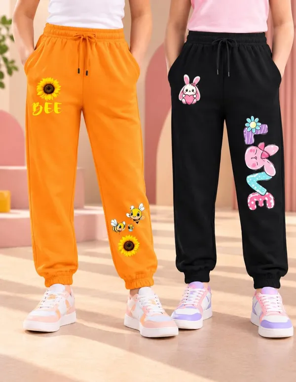 Nusyl_Girls_Pack_of_2_Orange_&_Black_Sunflower_Printed_&_Love_Text_Printed_Trackpants