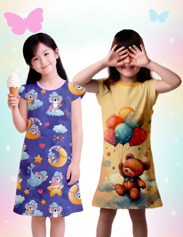 Nusyl_Girls_Yellow_&_Lilac_Teddy_Printed_&_Stars_Printed_Dresses_Pack_Of_2_Soft_&_Comfortable_Dresses_Cozy_Summer_Wear_For_Kids_&_Teen_Girls