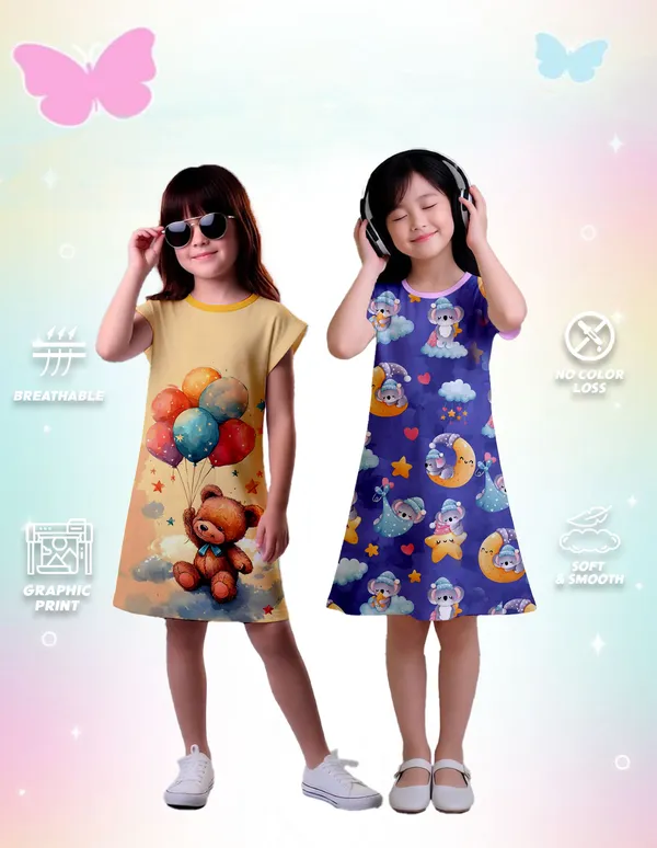Nusyl_Girls_Yellow_&_Lilac_Teddy_Printed_&_Stars_Printed_Dresses_Pack_Of_2_Soft_&_Comfortable_Dresses_Cozy_Summer_Wear_For_Kids_&_Teen_Girls