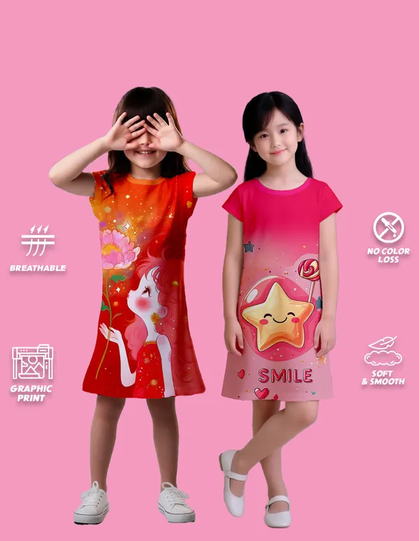 Nusyl_Girls_Hot_Pink_&_Orange_Girl_Printed_&_Smile_Text_Printed_Dresses_Pack_Of_2_Soft_&_Comfortable_Dresses_Cozy_Summer_Wear_For_Kids_&_Teen_Girls
