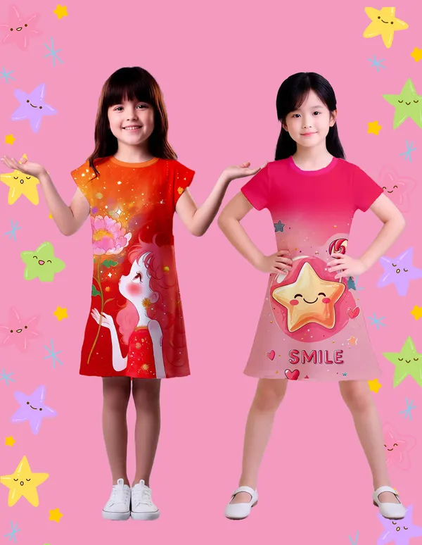 Nusyl_Girls_Hot_Pink_&_Orange_Girl_Printed_&_Smile_Text_Printed_Dresses_Pack_Of_2_Soft_&_Comfortable_Dresses_Cozy_Summer_Wear_For_Kids_&_Teen_Girls
