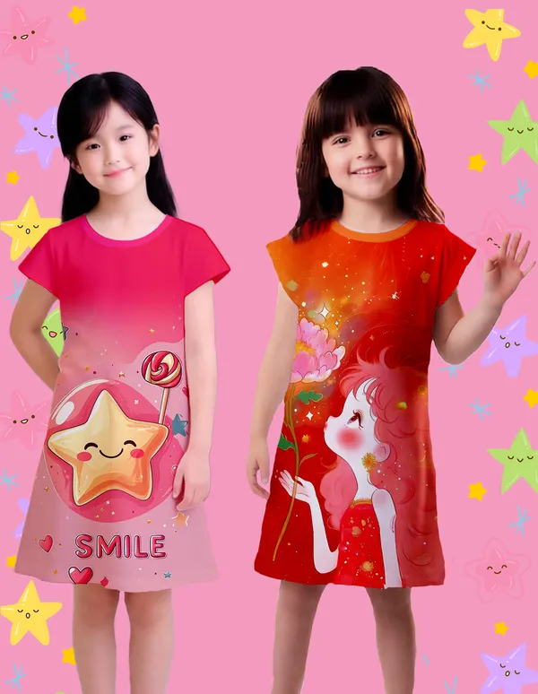 Nusyl_Girls_Hot_Pink_&_Orange_Girl_Printed_&_Smile_Text_Printed_Dresses_Pack_Of_2_Soft_&_Comfortable_Dresses_Cozy_Summer_Wear_For_Kids_&_Teen_Girls