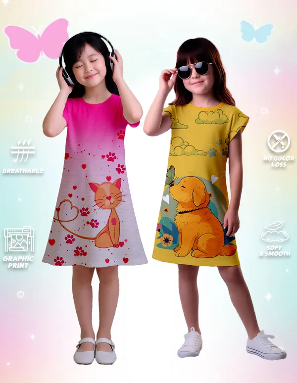 Nusyl_Girls_Yellow_&_Hot_Pink_Cat_Printed_&_Dog_Printed_Dresses_Pack_Of_2_Soft_&_Comfortable_Dresses_Cozy_Summer_Wear_For_Kids_&_Teen_Girls