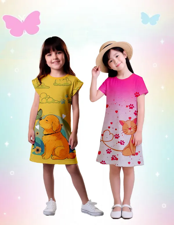 Nusyl_Girls_Yellow_&_Hot_Pink_Cat_Printed_&_Dog_Printed_Dresses_Pack_Of_2_Soft_&_Comfortable_Dresses_Cozy_Summer_Wear_For_Kids_&_Teen_Girls