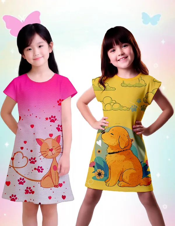 Nusyl_Girls_Yellow_&_Hot_Pink_Cat_Printed_&_Dog_Printed_Dresses_Pack_Of_2_Soft_&_Comfortable_Dresses_Cozy_Summer_Wear_For_Kids_&_Teen_Girls