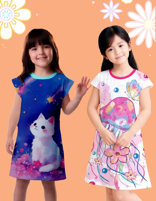 Nusyl_Girls_Hot_Pink_&_Sky_Blue_Cat_Printed_&_Flower_Printed_Dresses_Pack_Of_2_Soft_&_Comfortable_Dresses_Cozy_Summer_Wear_For_Kids_&_Teen_Girls