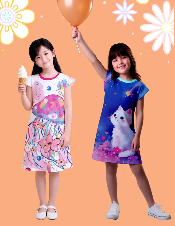 Nusyl_Girls_Hot_Pink_&_Sky_Blue_Cat_Printed_&_Flower_Printed_Dresses_Pack_Of_2_Soft_&_Comfortable_Dresses_Cozy_Summer_Wear_For_Kids_&_Teen_Girls