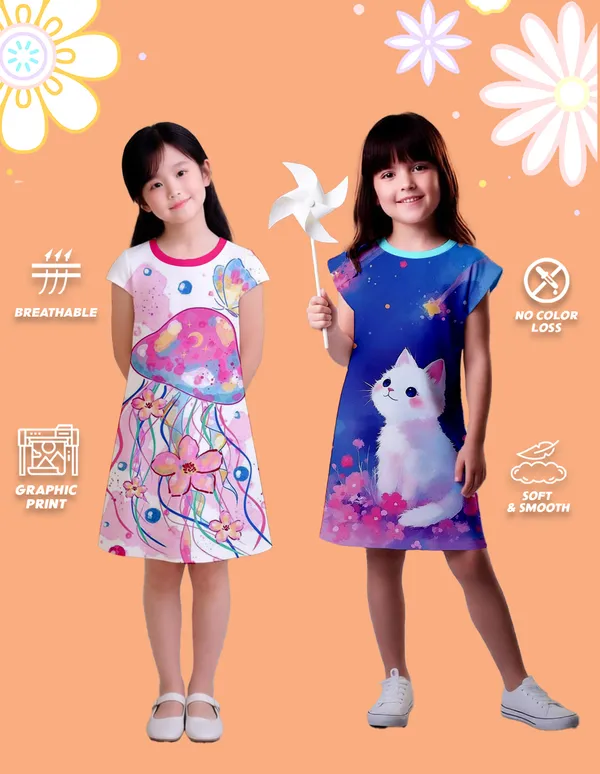 Nusyl_Girls_Hot_Pink_&_Sky_Blue_Cat_Printed_&_Flower_Printed_Dresses_Pack_Of_2_Soft_&_Comfortable_Dresses_Cozy_Summer_Wear_For_Kids_&_Teen_Girls