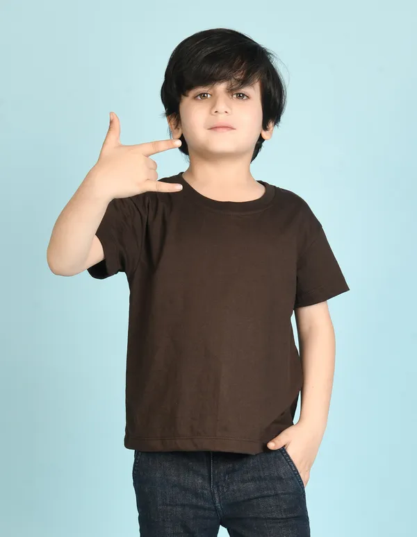 Brown_Solid_Round_Neck_Half_Sleeves_Oversized_T-Shirt_For_Boys