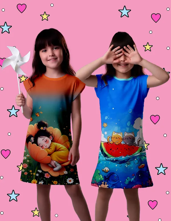 Nusyl_Girls_Orange_&_Sky_Blue_Girl_Printed_&_Cats_Printed_Dresses_Pack_Of_2_Soft_&_Comfortable_Dresses_Cozy_Summer_Wear_For_Kids_&_Teen_Girls