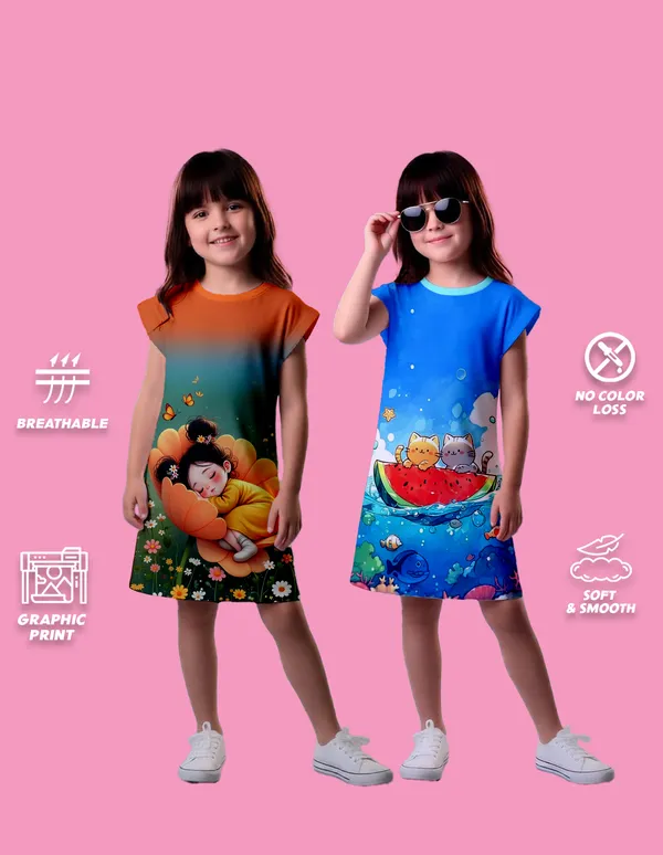 Nusyl_Girls_Orange_&_Sky_Blue_Girl_Printed_&_Cats_Printed_Dresses_Pack_Of_2_Soft_&_Comfortable_Dresses_Cozy_Summer_Wear_For_Kids_&_Teen_Girls