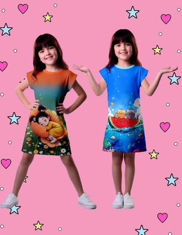 Nusyl_Girls_Orange_&_Sky_Blue_Girl_Printed_&_Cats_Printed_Dresses_Pack_Of_2_Soft_&_Comfortable_Dresses_Cozy_Summer_Wear_For_Kids_&_Teen_Girls