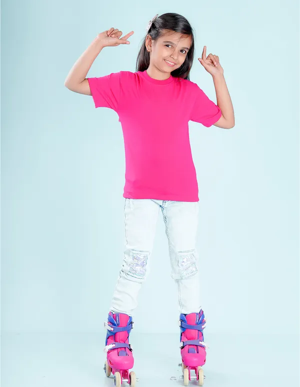 Hot_Pink_Solid_Round_Neck_Half_Sleeves_Oversized_T-Shirt_For_Girls