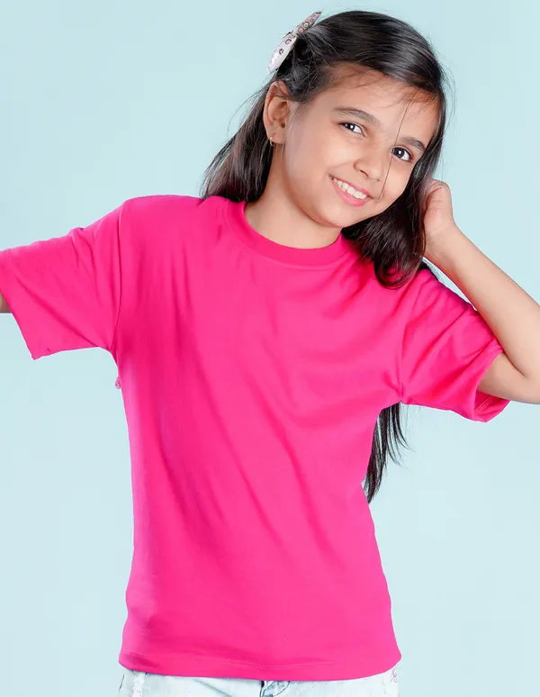 Hot_Pink_Solid_Round_Neck_Half_Sleeves_Oversized_T-Shirt_For_Girls