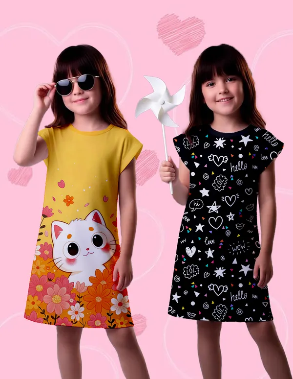 Nusyl_Girls_Yellow_&_Black_Cat_Printed_&_Flower_Printed_Dresses_Pack_Of_2_Soft_&_Comfortable_Dresses_Cozy_Summer_Wear_For_Kids_&_Teen_Girls