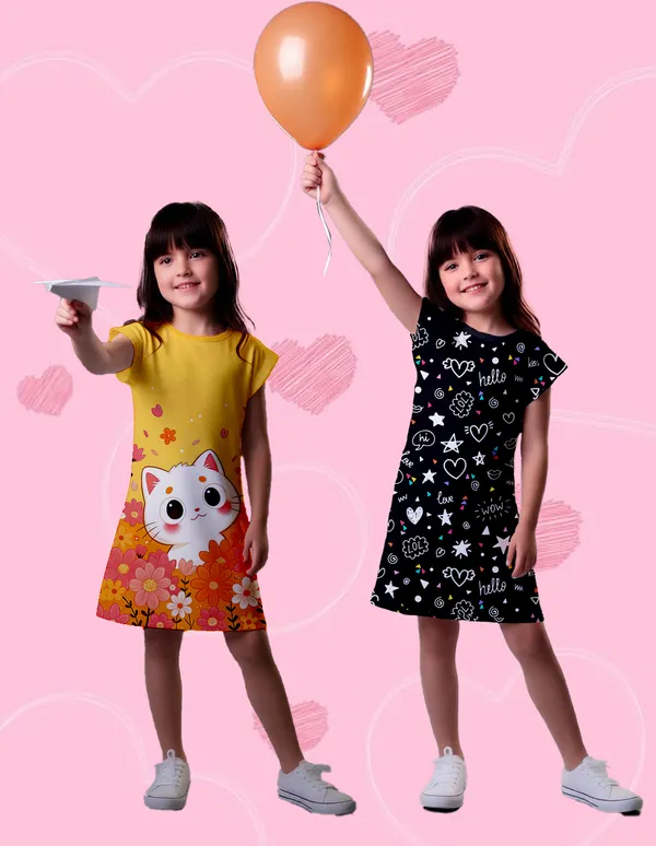 Nusyl_Girls_Yellow_&_Black_Cat_Printed_&_Flower_Printed_Dresses_Pack_Of_2_Soft_&_Comfortable_Dresses_Cozy_Summer_Wear_For_Kids_&_Teen_Girls