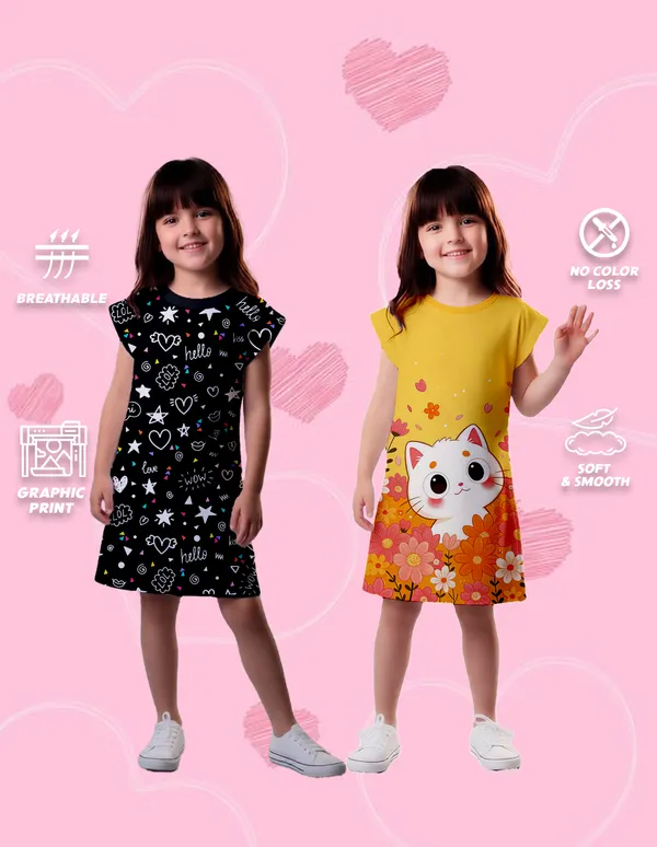 Nusyl_Girls_Yellow_&_Black_Cat_Printed_&_Flower_Printed_Dresses_Pack_Of_2_Soft_&_Comfortable_Dresses_Cozy_Summer_Wear_For_Kids_&_Teen_Girls