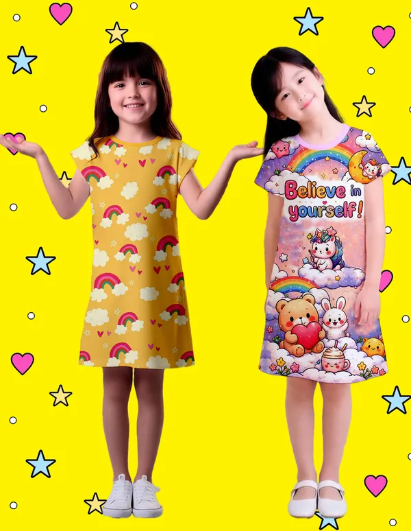 Nusyl_Girls_Lilac_&_Yellow_Teddy_Printed_&_Believe_In_Yourself_Text_Printed_Dresses_Pack_Of_2_Soft_&_Comfortable_Dresses_Cozy_Summer_Wear_For_Kids_&_Teen_Girls