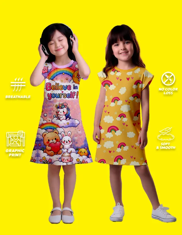 Nusyl_Girls_Lilac_&_Yellow_Teddy_Printed_&_Believe_In_Yourself_Text_Printed_Dresses_Pack_Of_2_Soft_&_Comfortable_Dresses_Cozy_Summer_Wear_For_Kids_&_Teen_Girls
