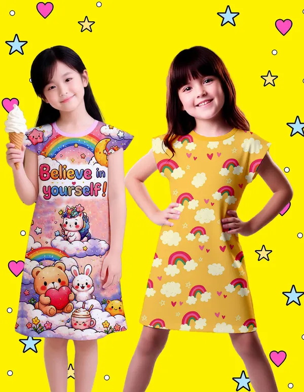 Nusyl_Girls_Lilac_&_Yellow_Teddy_Printed_&_Believe_In_Yourself_Text_Printed_Dresses_Pack_Of_2_Soft_&_Comfortable_Dresses_Cozy_Summer_Wear_For_Kids_&_Teen_Girls