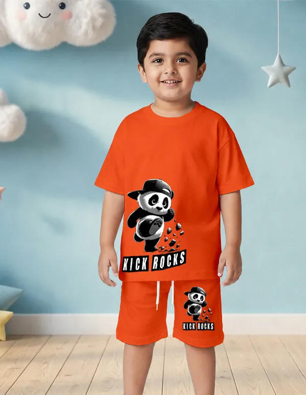 Nusyl_Boys_Orange_Panda_Printed_&_Kick_Rocks_Text_Printed_Cotton_Blend_Relaxed_T_Shirts_And_Shorts_With_Side_Pockets_Oversized_Length_T_Shirts_And_Shorts_Knee_Length
