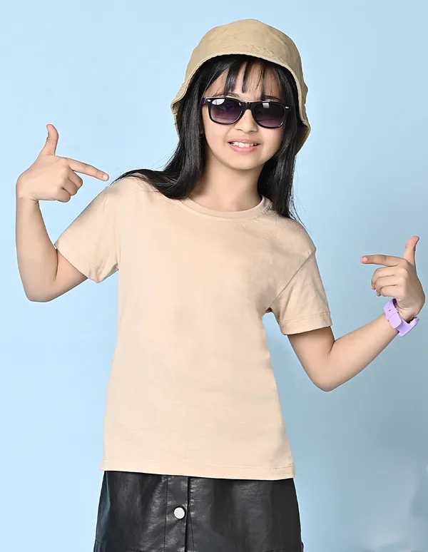 Beige_Solid_Round_Neck_Half_Sleeves_Oversized_T-Shirt_For_Girls