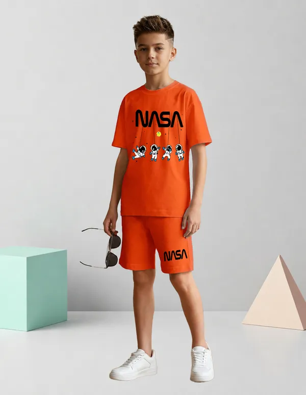 Nusyl_Boys_Orange_Astronaut_Printed_&_Nasa_Text_Printed_Cotton_Blend_Relaxed_T_Shirts_And_Shorts_With_Side_Pockets_Oversized_Length_T_Shirts_And_Shorts_Knee_Length