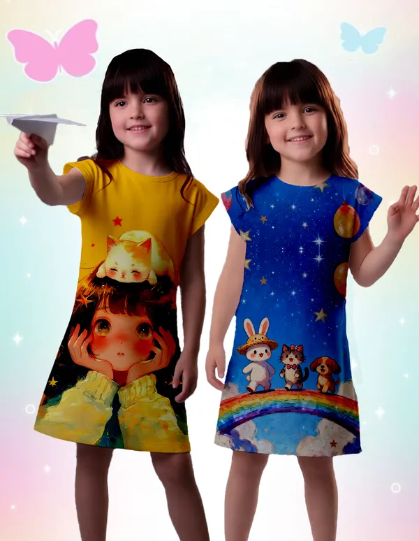 Nusyl_Girls_Yellow_&_Sky_Blue_Girl_Printed_&_Cats_Printed_Dresses_Pack_Of_2_Soft_&_Comfortable_Dresses_Cozy_Summer_Wear_For_Kids_&_Teen_Girls