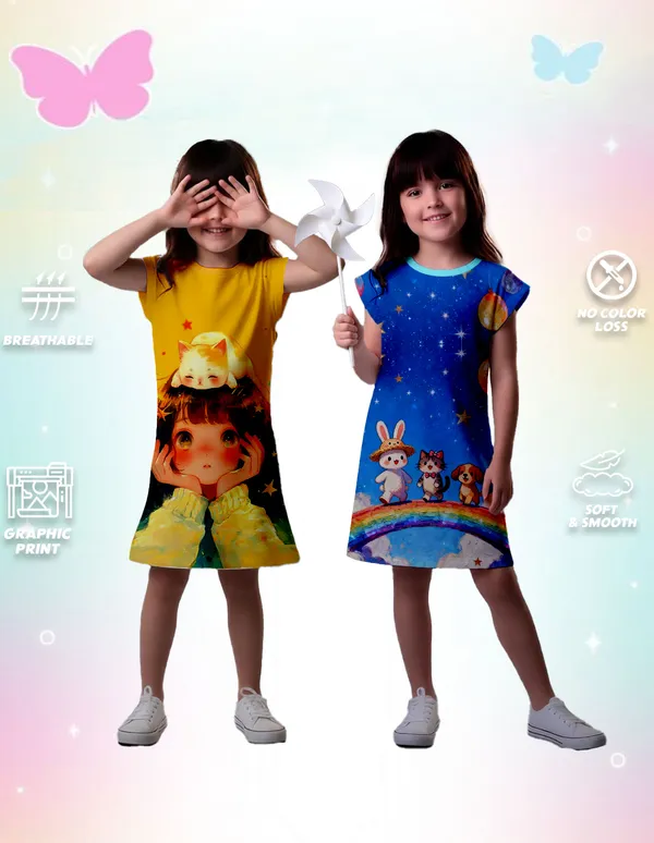 Nusyl_Girls_Yellow_&_Sky_Blue_Girl_Printed_&_Cats_Printed_Dresses_Pack_Of_2_Soft_&_Comfortable_Dresses_Cozy_Summer_Wear_For_Kids_&_Teen_Girls