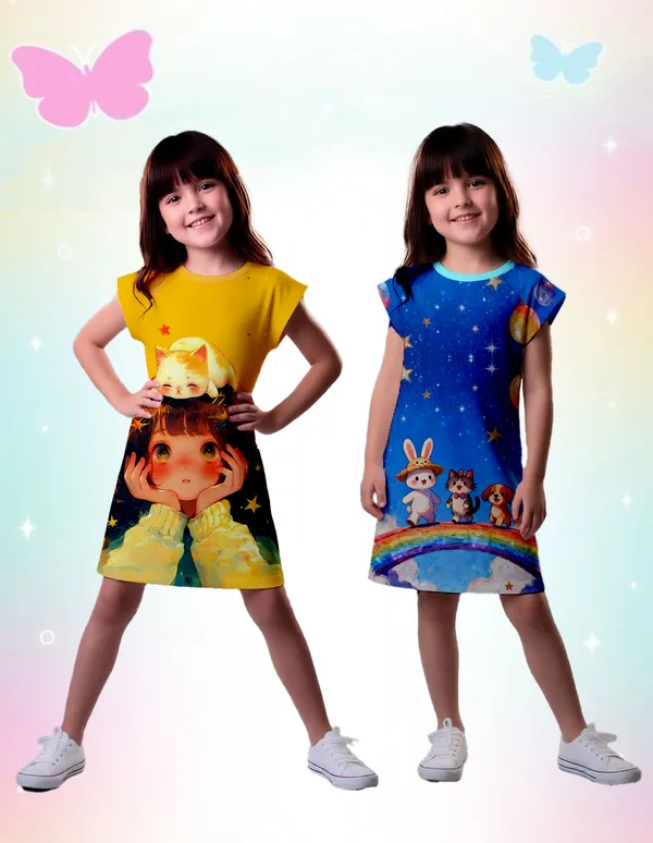 Nusyl_Girls_Yellow_&_Sky_Blue_Girl_Printed_&_Cats_Printed_Dresses_Pack_Of_2_Soft_&_Comfortable_Dresses_Cozy_Summer_Wear_For_Kids_&_Teen_Girls