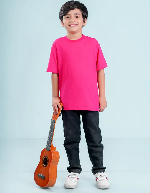 Hot_Pink_Solid_Round_Neck_Half_Sleeves_Oversized_T-Shirt_For_Boys