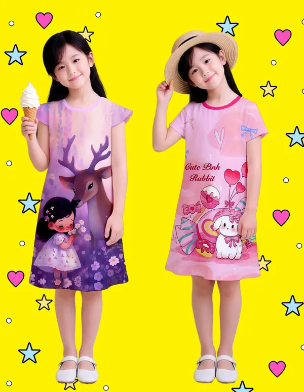 Nusyl_Girls_Lilac_&_Hot_Pink_Girl_Printed_&_Cute_Pink_Rabbit_Text_Printed_Dresses_Pack_Of_2_Soft_&_Comfortable_Dresses_Cozy_Summer_Wear_For_Kids_&_Teen_Girls