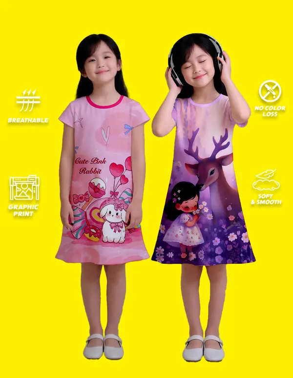 Nusyl_Girls_Lilac_&_Hot_Pink_Girl_Printed_&_Cute_Pink_Rabbit_Text_Printed_Dresses_Pack_Of_2_Soft_&_Comfortable_Dresses_Cozy_Summer_Wear_For_Kids_&_Teen_Girls