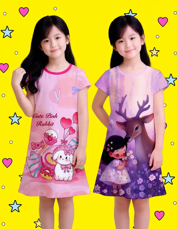 Nusyl_Girls_Lilac_&_Hot_Pink_Girl_Printed_&_Cute_Pink_Rabbit_Text_Printed_Dresses_Pack_Of_2_Soft_&_Comfortable_Dresses_Cozy_Summer_Wear_For_Kids_&_Teen_Girls