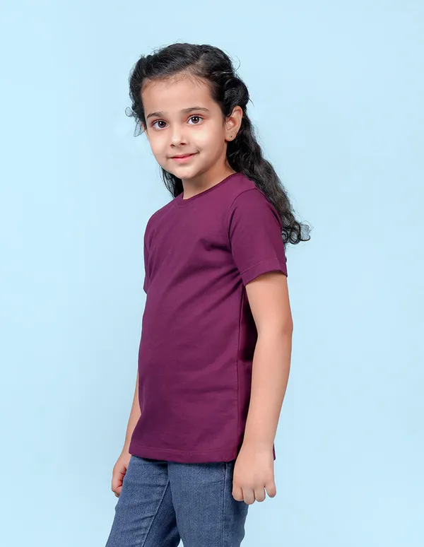 Wine_Solid_Round_Neck_Half_Sleeves_T-Shirt_For_Girls