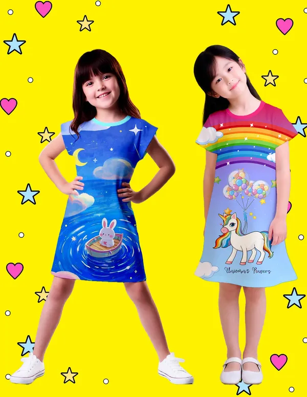 Nusyl_Girls_Sky_Blue_&_Hot_Pink_Bunny_Printed_&_Unicorn_Printed_Dresses_Pack_Of_2_Soft_&_Comfortable_Dresses_Cozy_Summer_Wear_For_Kids_&_Teen_Girls